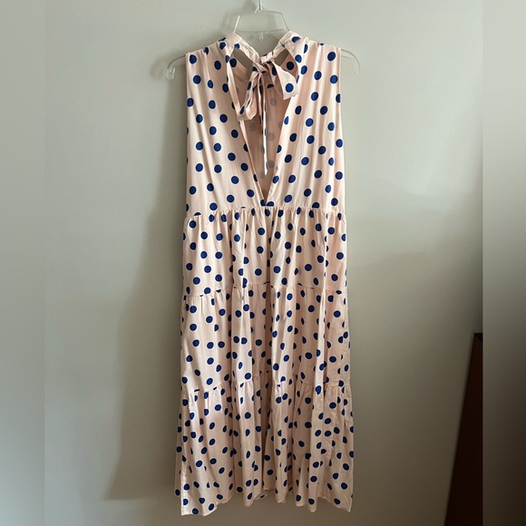 Y.A.S high neck tiered midi dress in pink & blue dot - Picture 6 of 12